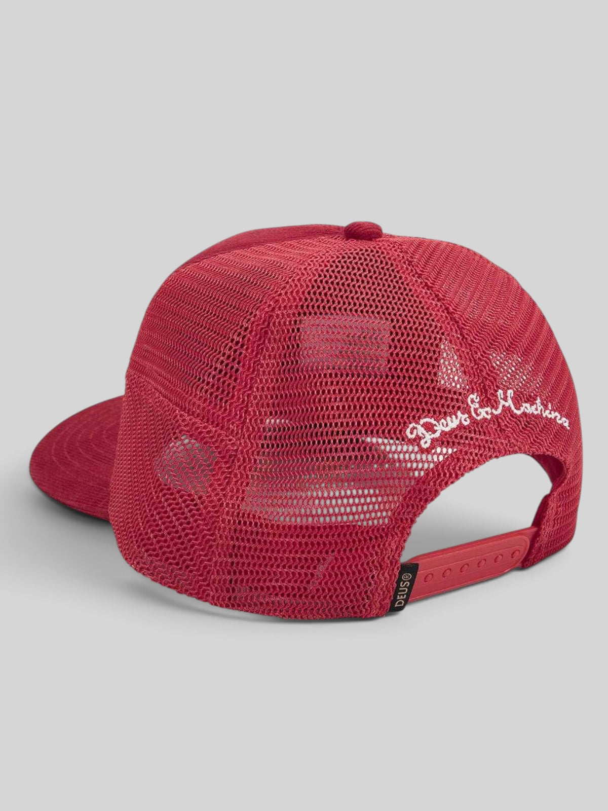 Baffle Haus Pill Cord Trucker hat in ribbon red cotton corduroy with mesh back and white embroidered logo detail