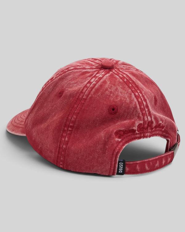 Baffle Haus Deus Shield dad cap in lava falls red cotton twill with a garment dyed and enzyme stone washed finish.