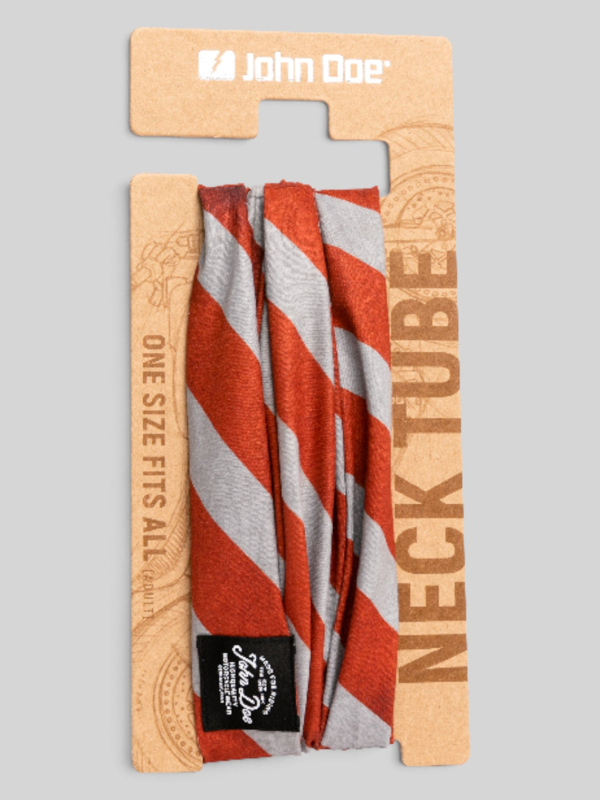 Baffle Haus red and grey striped seamless technical microfibre neck tube on branded cardboard packaging