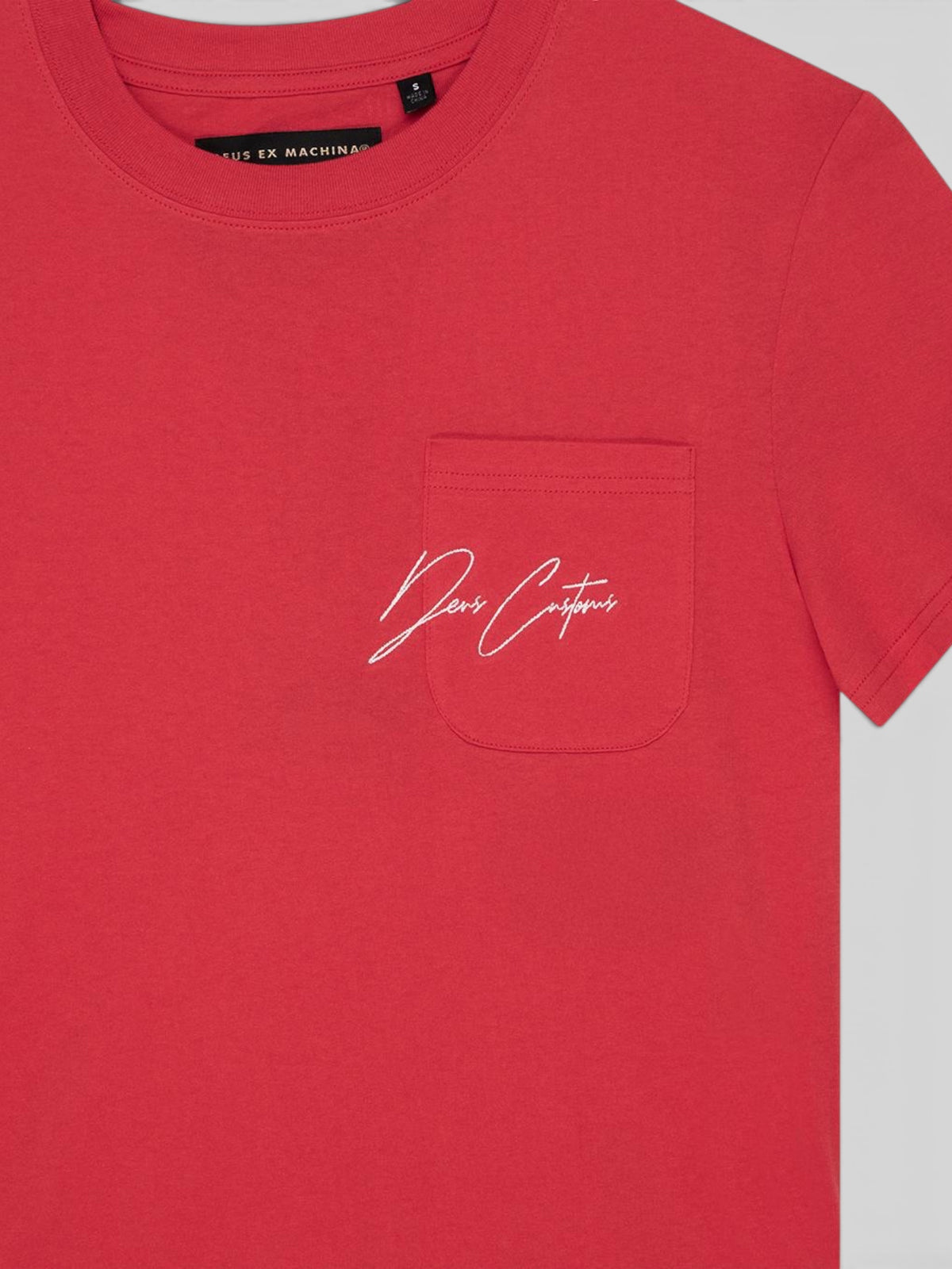 Baffle Haus Bird Scratch Tee in Poinsettia Red featuring a chest pocket with white Deus Ex Machina embroidery.