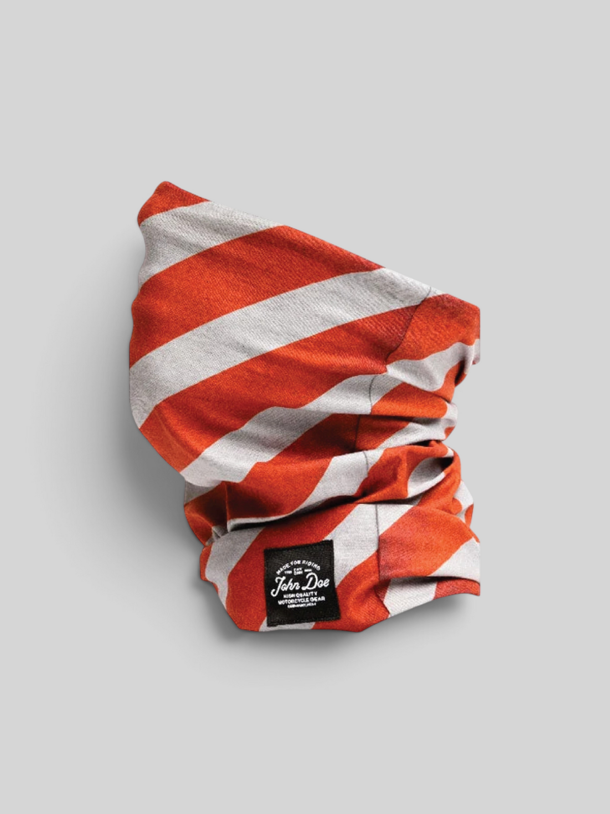 Baffle Haus red and grey striped seamless technical microfibre neck tube for sports and motorcycle riding