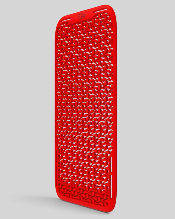 Baffle Haus Level 2 back protector in red TPU with a flexible, ventilated, and shock-absorbing geometric pattern.