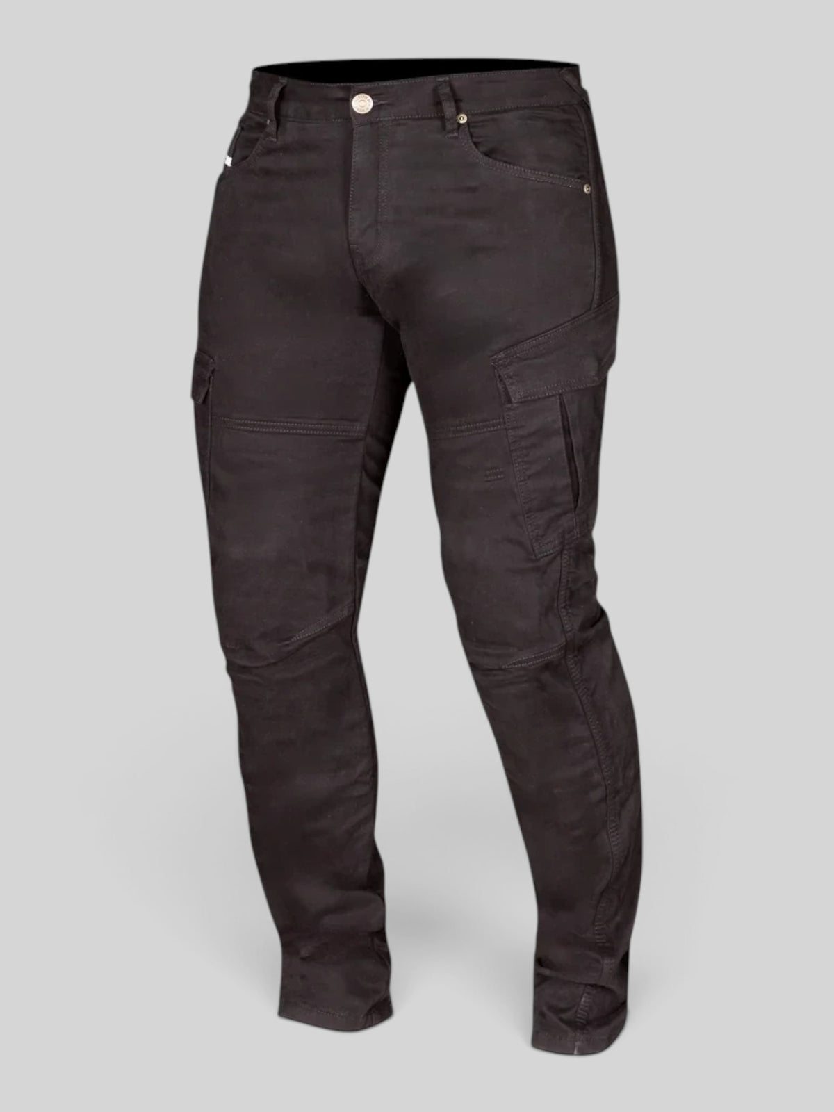 Baffle Haus Remy 2 black motorcycle cargo jeans made from brushed stretch denim with protective Kevlar lining.