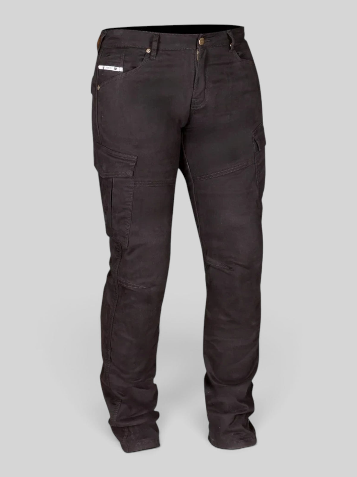 Baffle Haus Remy 2 black brushed stretch denim cargo motorcycle jeans with Kevlar lining and side storage pockets.