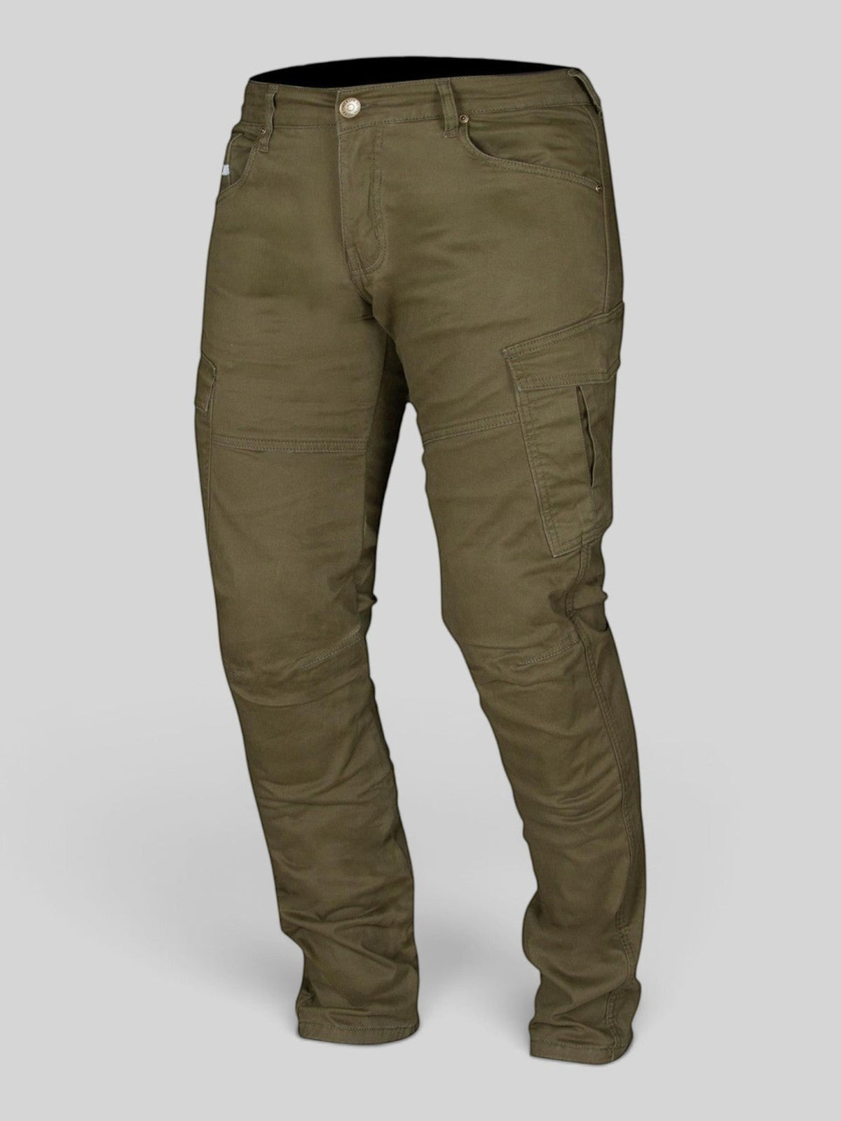 Baffle Haus Remy 2 green cargo motorcycle jeans made from brushed stretch denim with Kevlar and D3O impact protection.