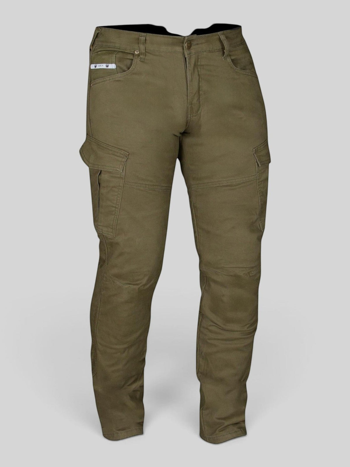 Baffle Haus Remy 2 green cargo motorcycle jeans with Kevlar lining, cargo pockets, and D3O impact protection.