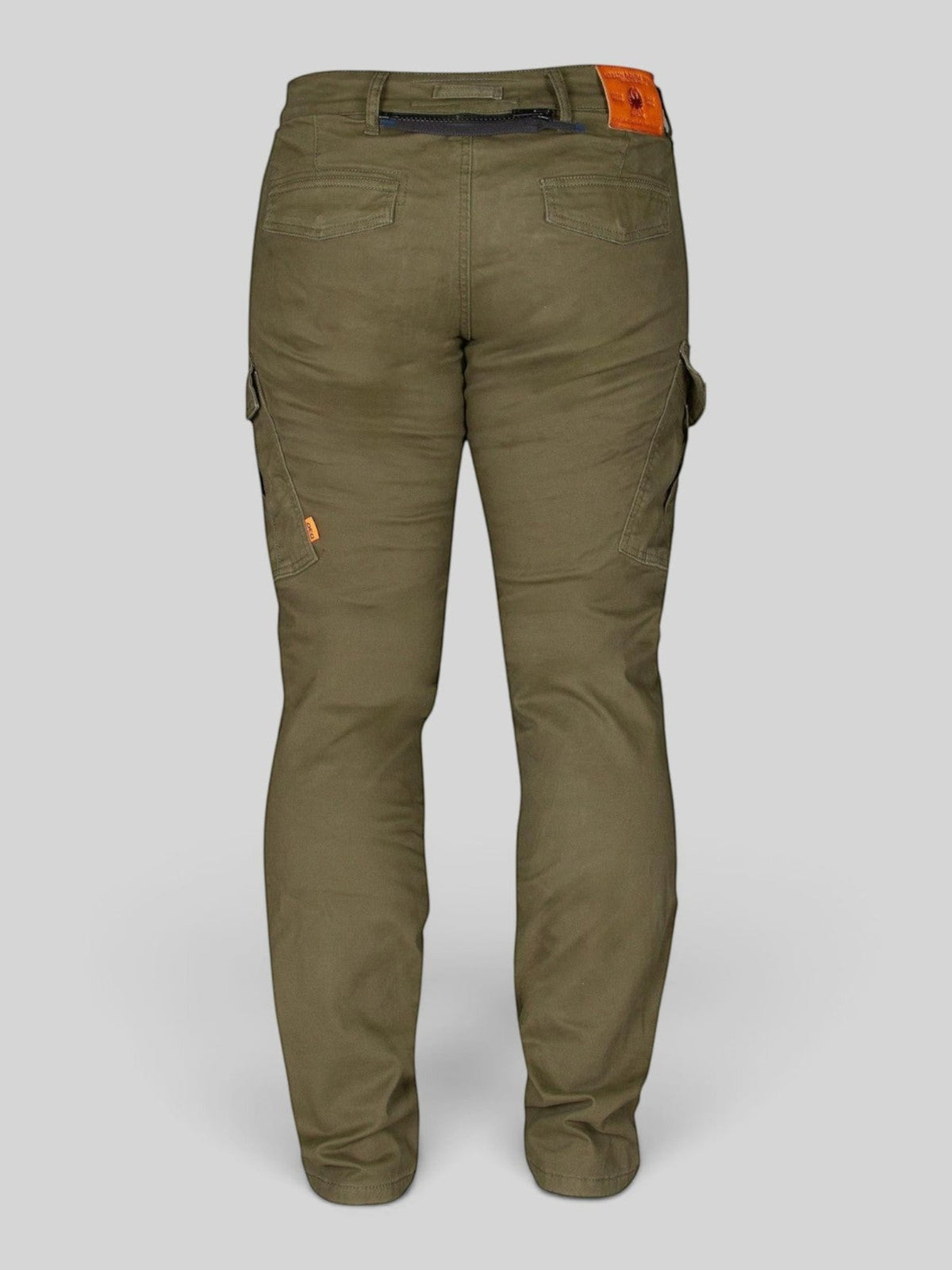 Baffle Haus Remy 2 green cargo motorcycle jeans featuring a rear connecting zipper and leather belt patch.