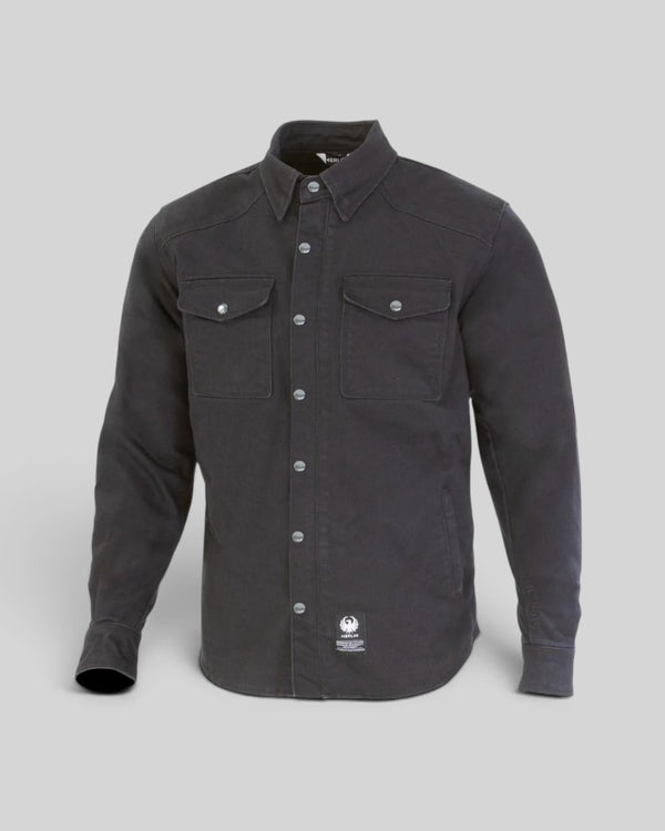 Baffle Haus Renegade black Cordura riding shirt with snap-down collar, chest pockets, and protective armour features.