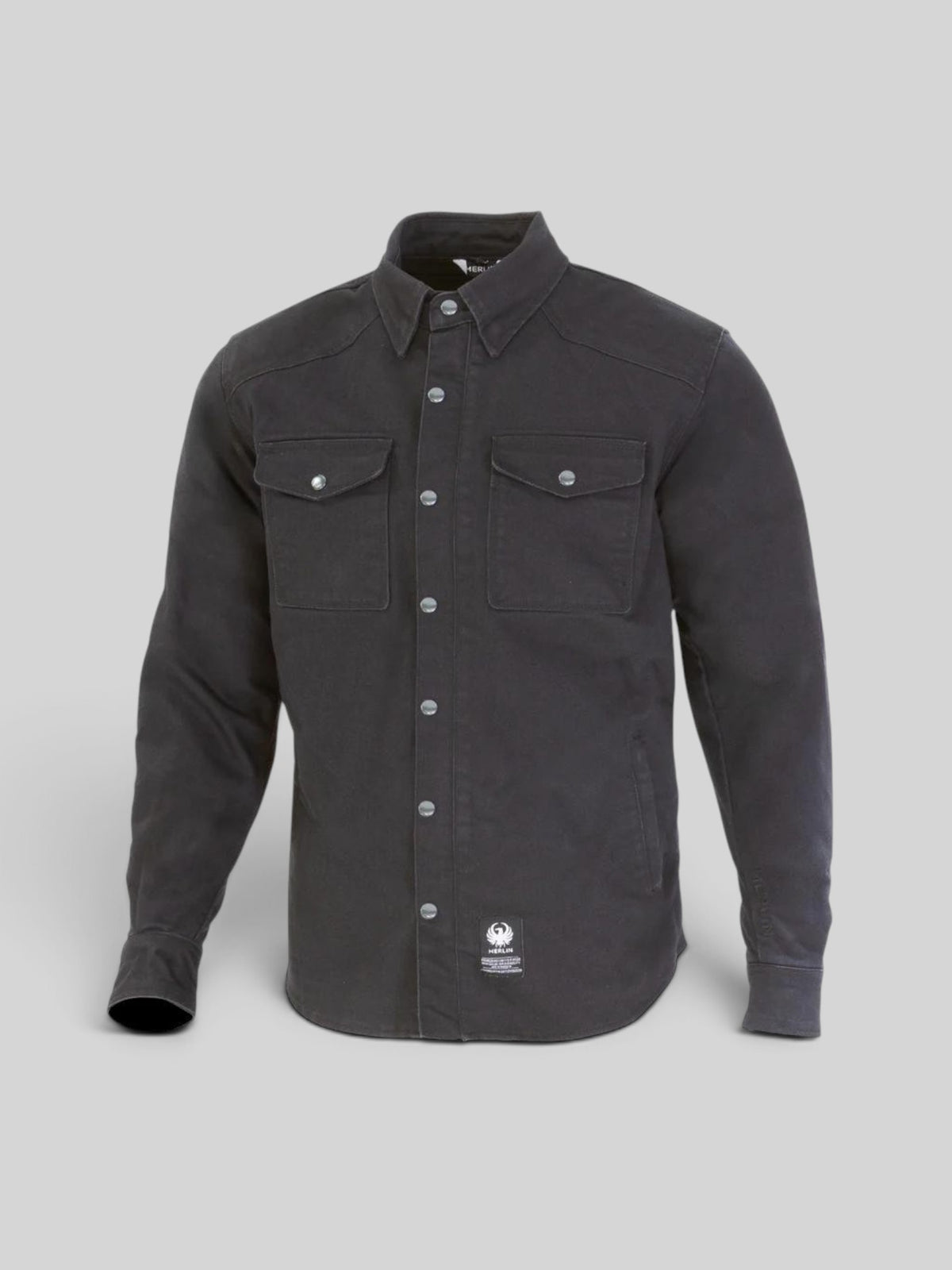Baffle Haus Renegade black Cordura riding shirt with snap-down collar, chest pockets, and protective armour features.