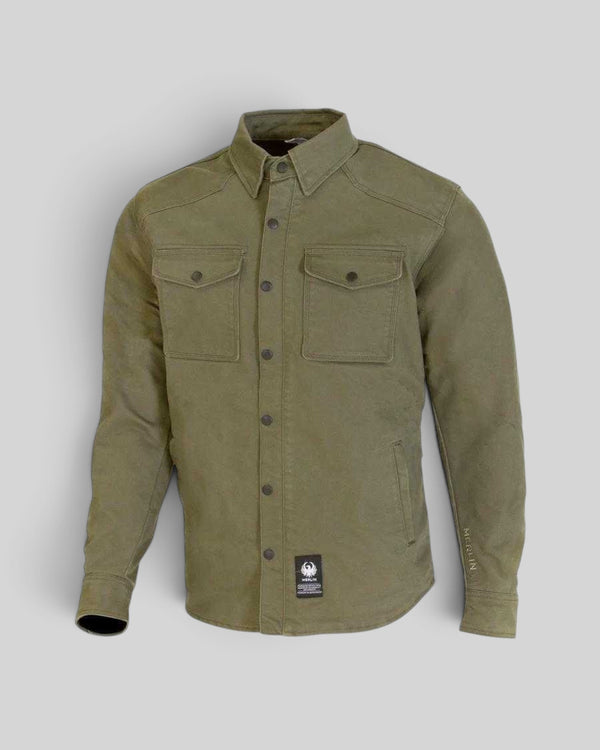 Baffle Haus green Renegade riding shirt made from durable Cordura with chest pockets and snap-down collar