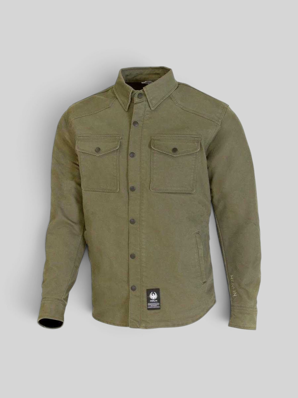 Baffle Haus green Renegade riding shirt made from durable Cordura with chest pockets and snap-down collar
