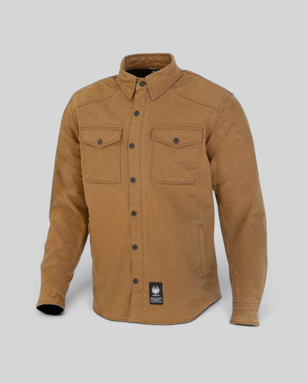 Baffle Haus Renegade riding shirt in sand Cordura fabric with chest pockets and snap-down collar for motorcycle safety.