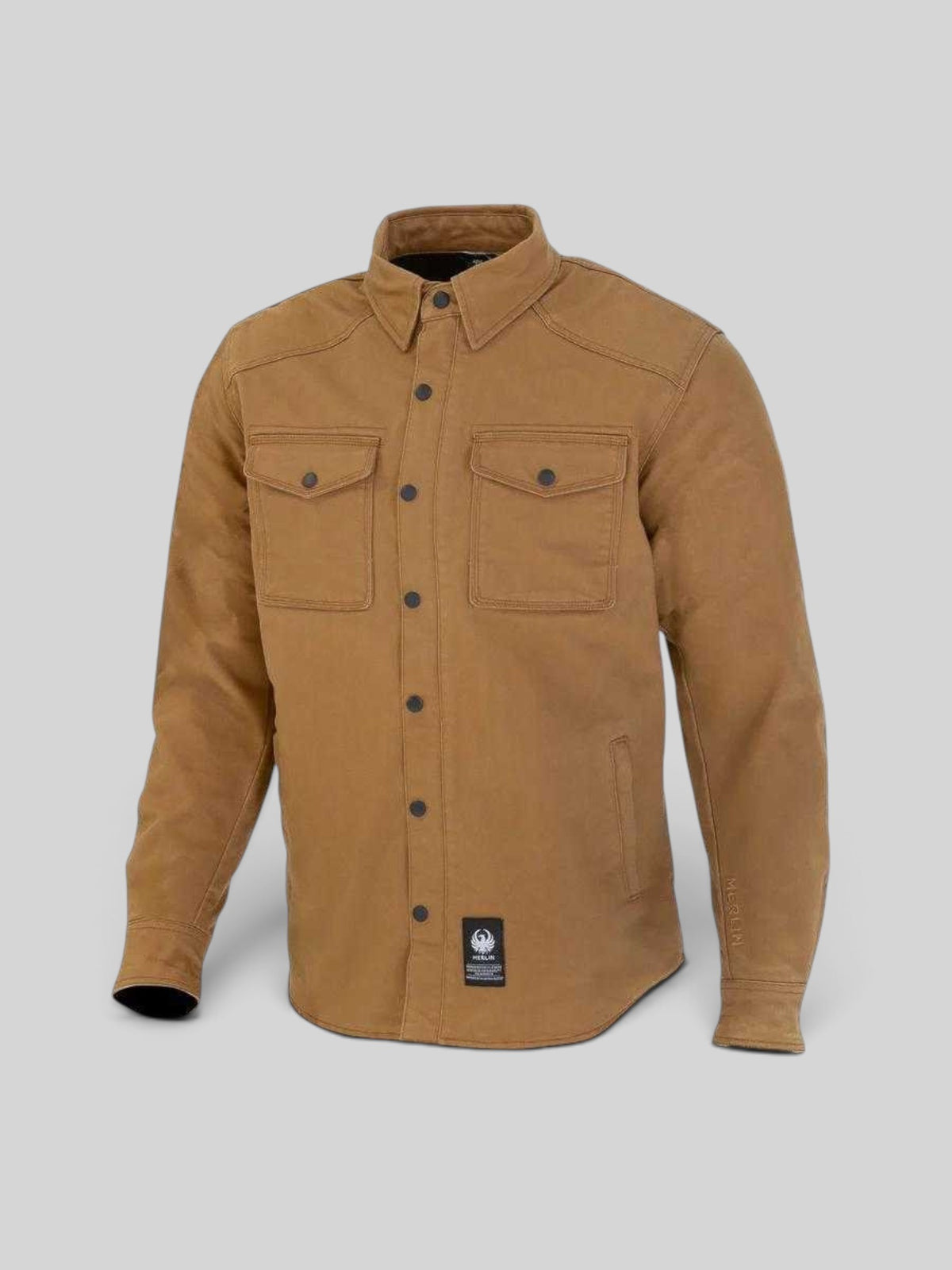 Baffle Haus Renegade riding shirt in sand Cordura fabric with chest pockets and snap-down collar for motorcycle safety.