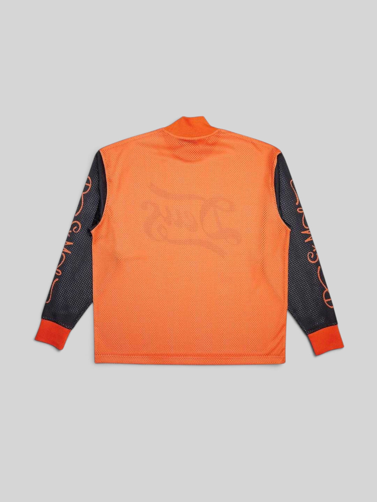 Baffle Haus Replay Moto Jersey in golden poppy orange with black sleeves, mock neck, and Deus graphic back detail.