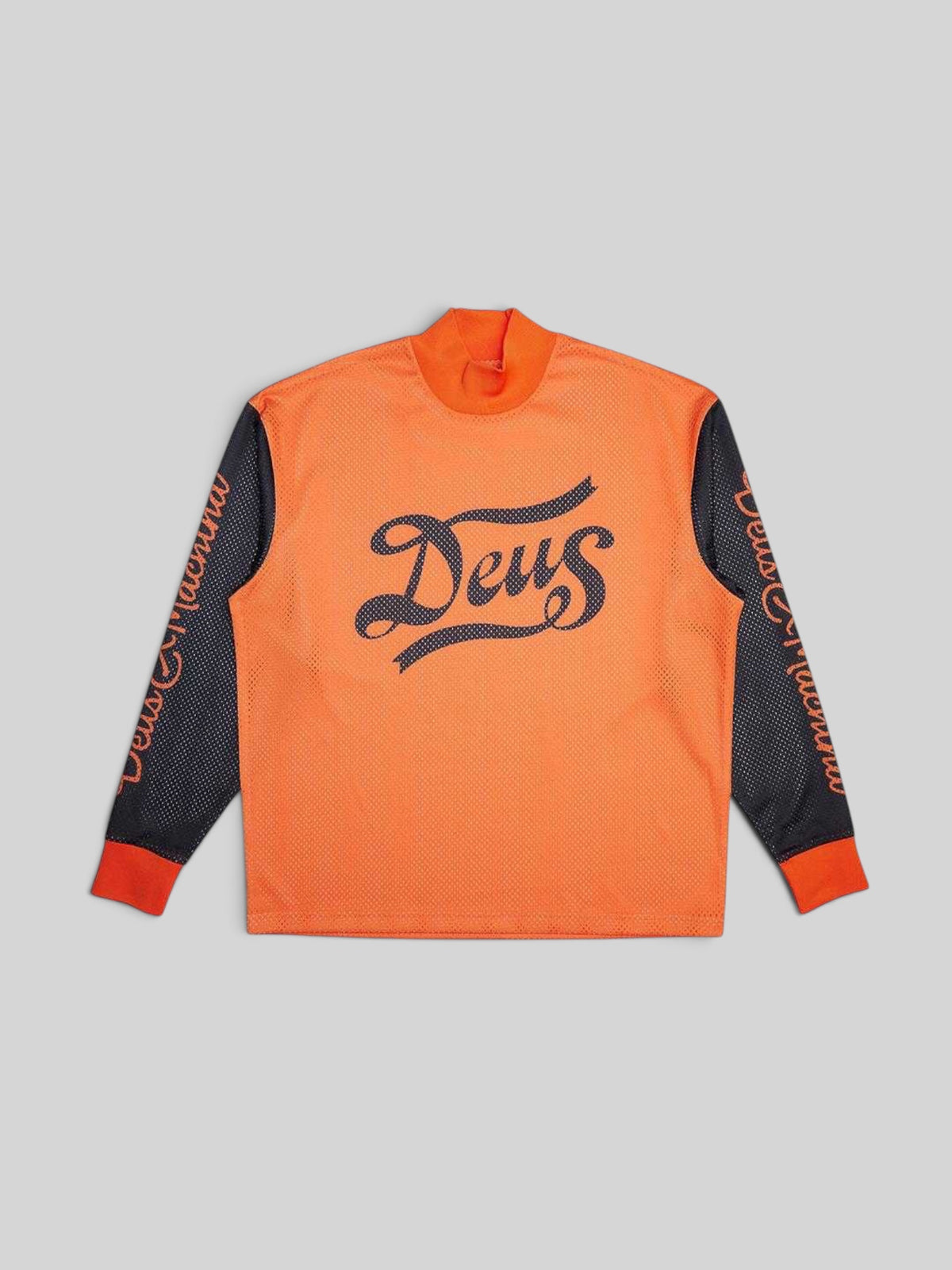 Baffle Haus Replay Moto Jersey in golden poppy orange polyester mesh with black sleeves and Deus graphic branding.