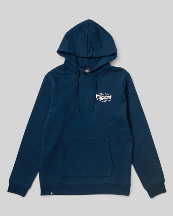Baffle Haus Retro Hoodie in pageant blue featuring a white chest logo, drawstring hood, and front kangaroo pocket.