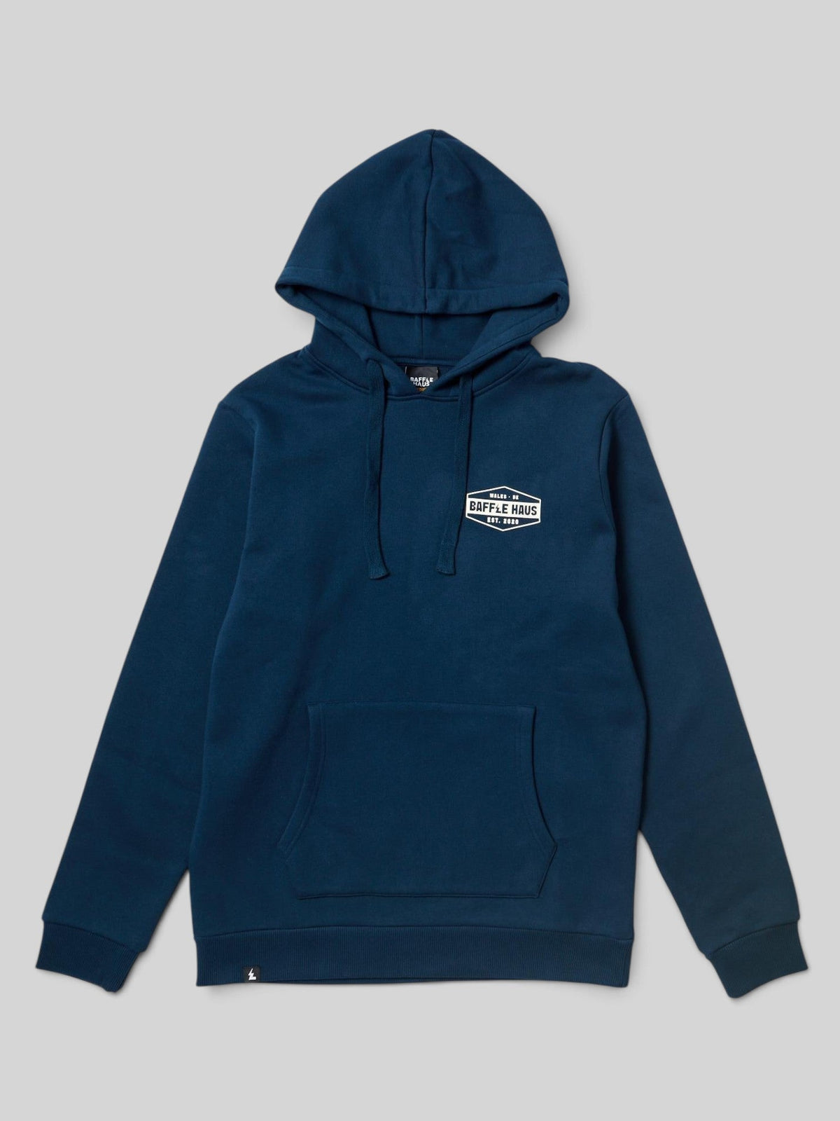 Baffle Haus Retro Hoodie in pageant blue featuring a white chest logo, drawstring hood, and front kangaroo pocket.