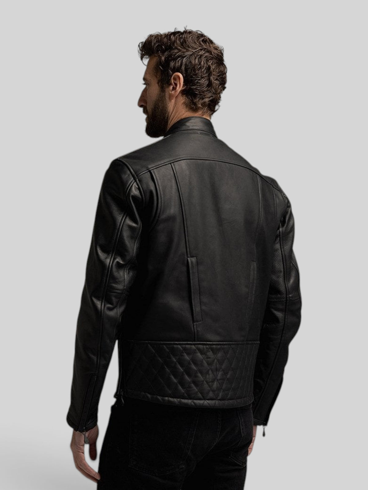 Baffle Haus Motone Revolver black cowhide leather riding jacket with quilted back panel and action-back shoulders