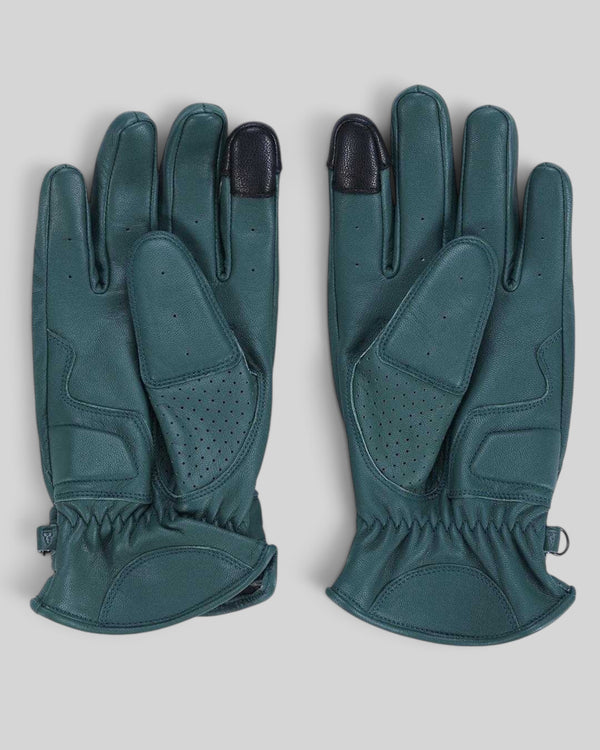 Baffle Haus Rider's Friend racing green goat nappa leather motorcycle gloves with perforated panels and touch tips.