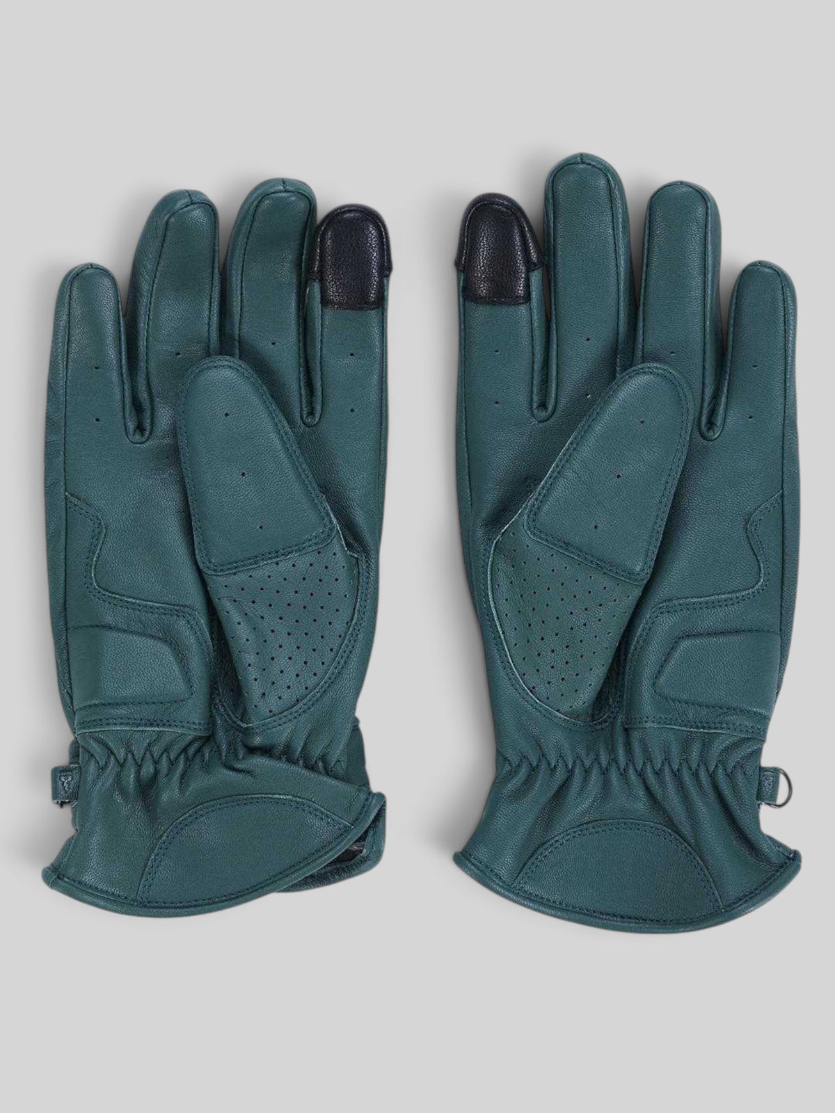 Baffle Haus Rider's Friend racing green goat nappa leather motorcycle gloves with perforated panels and touch tips.