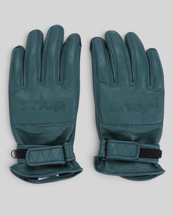 Baffle Haus Rider's Friend racing green goat nappa leather motorcycle gloves with perforated panels and velcro strap