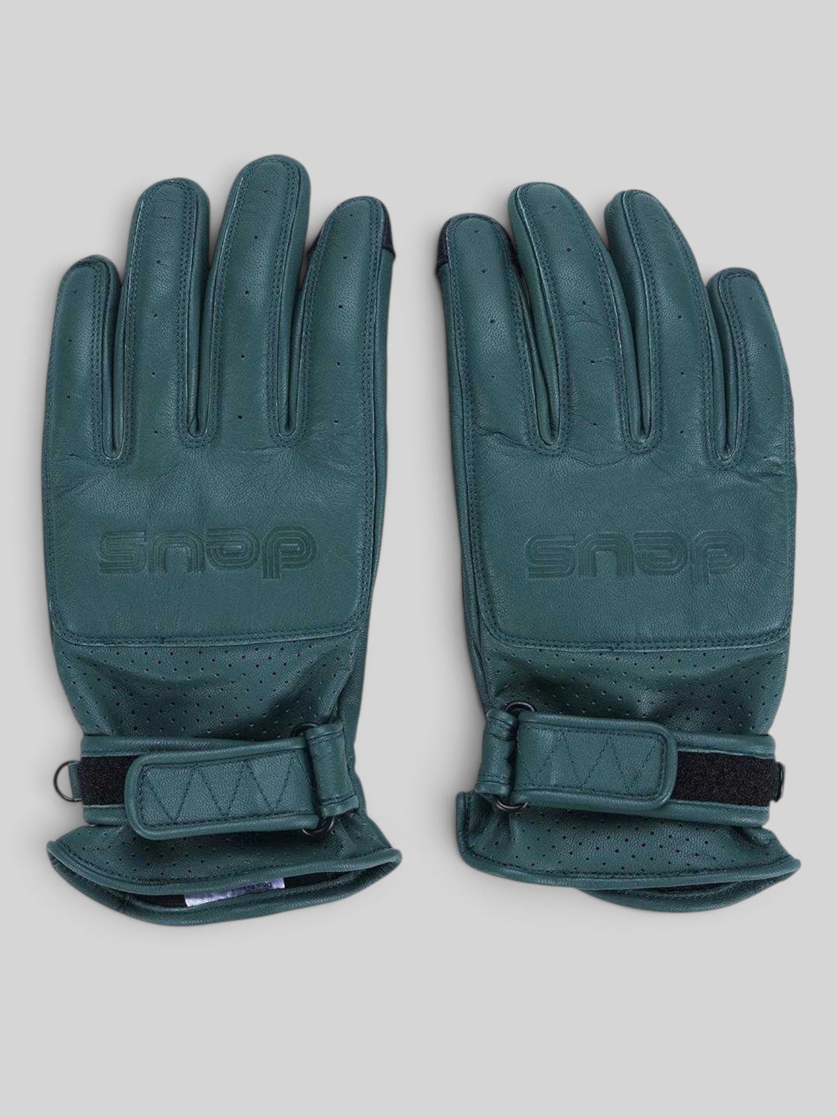Baffle Haus Rider's Friend racing green goat nappa leather motorcycle gloves with perforated panels and velcro strap