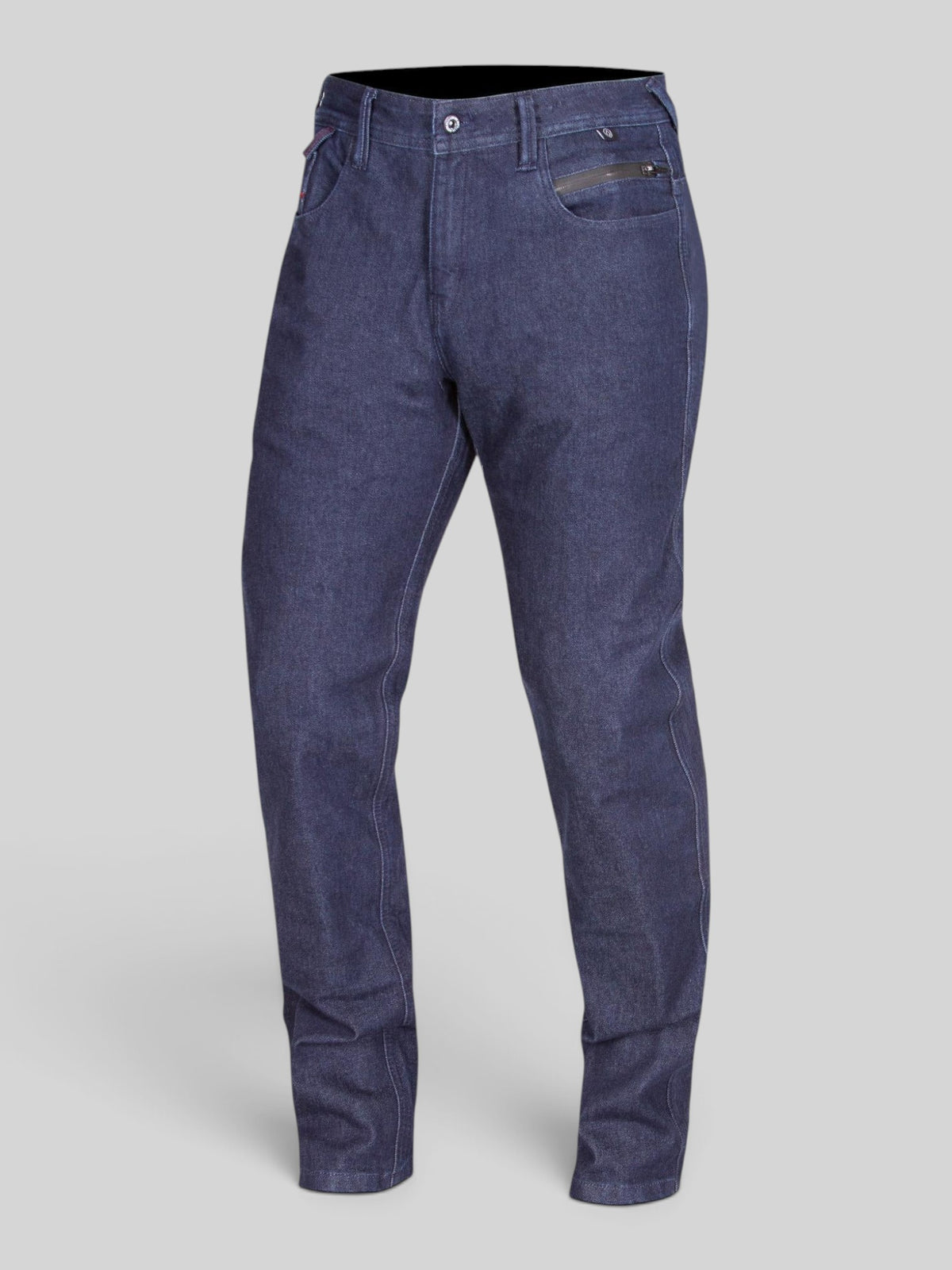 Baffle Haus Rivington AAA blue motorcycle jeans with stretch cotton, abrasion-resistant fabric, and zippered pockets.