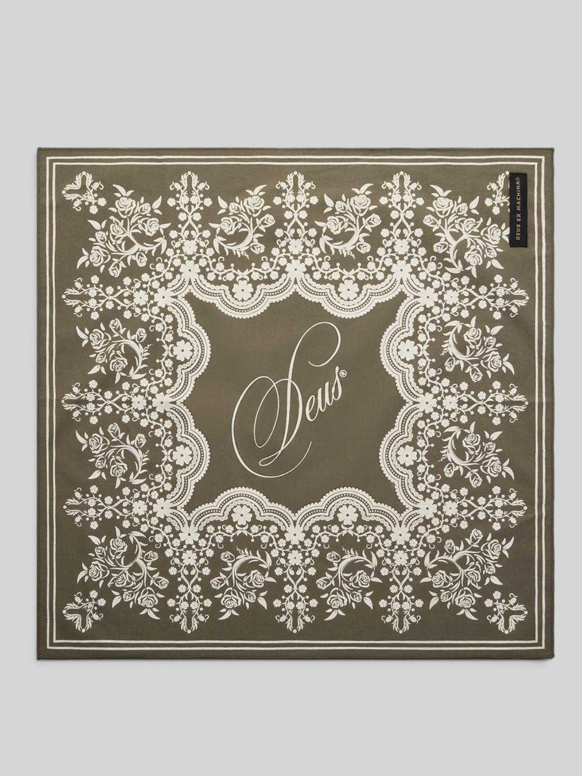 Baffle Haus Romance Bandana in Gothic Olive featuring a white Deus Ex Machina lace print on cotton tencel fabric.