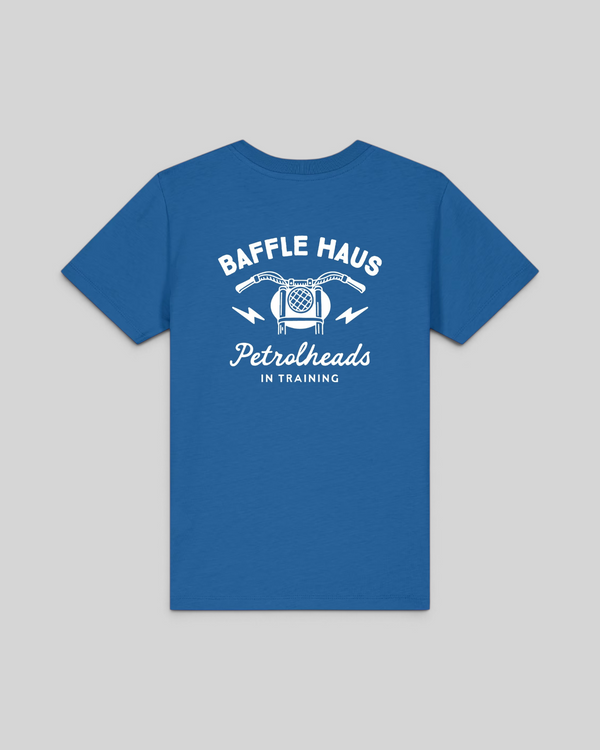 Baffle Haus royal blue kids t-shirt with white Petrolheads in Training motorcycle graphic on the back
