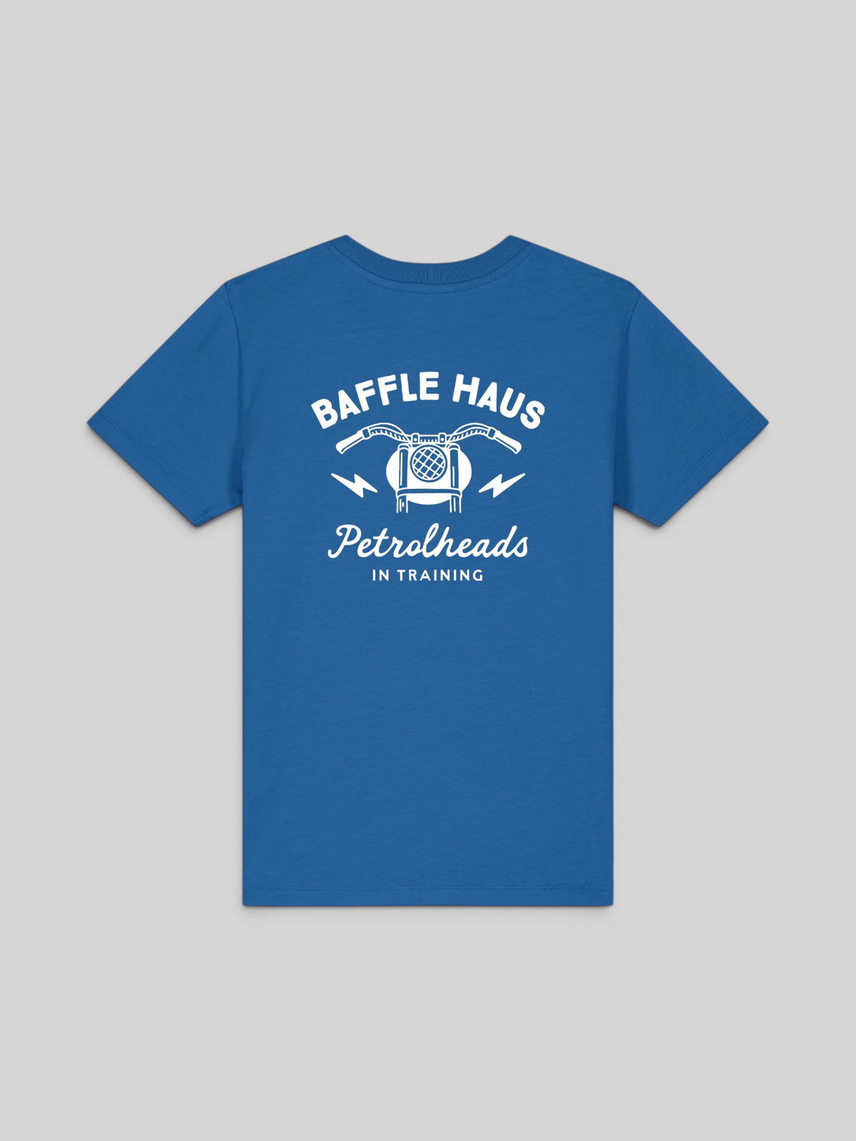 Baffle Haus royal blue kids t-shirt with white Petrolheads in Training motorcycle graphic on the back