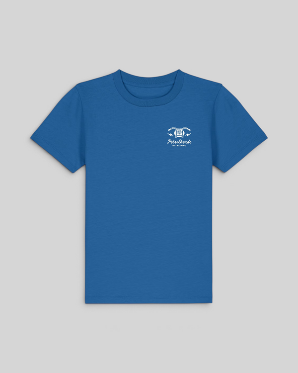 Baffle Haus royal blue kids t-shirt with white Petrolheads in Training motorcycle graphic on the chest