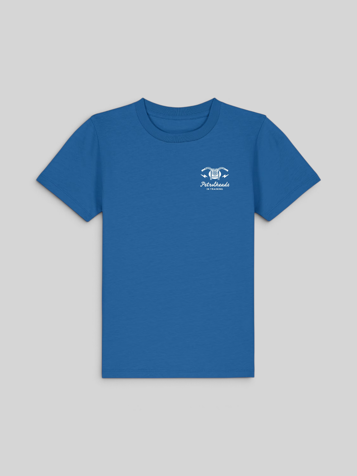 Baffle Haus royal blue kids t-shirt with white Petrolheads in Training motorcycle graphic on the chest
