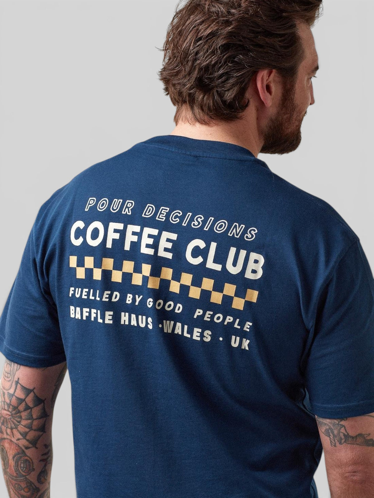 Baffle Haus Pour Decisions Coffee Club t-shirt in royal navy cotton with back graphic print