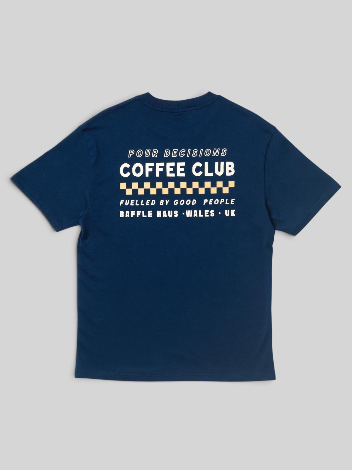 Baffle Haus Pour Decisions Coffee Club t-shirt in royal navy cotton with white and yellow back graphic print