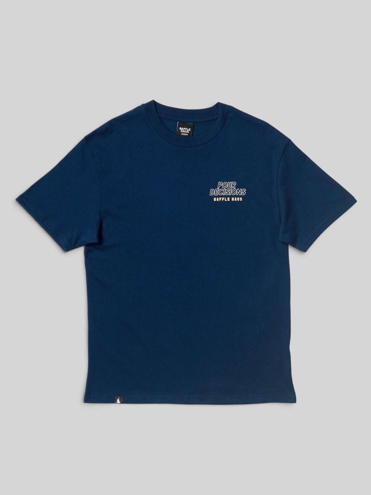 Baffle Haus Pour Decisions Coffee Club t-shirt in royal navy cotton with a small chest graphic