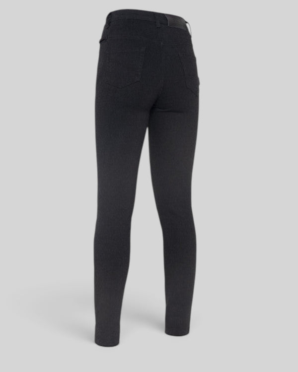 Baffle Haus Ruby black high-waisted slim-fit motorcycle jeans with five-pocket styling, rear view.