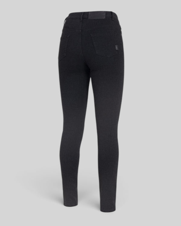 Baffle Haus Ruby black high-waisted slim-fit motorcycle jeans with five-pocket styling and stretch denim fabric.
