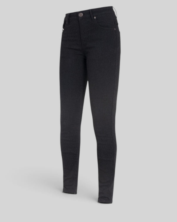 Baffle Haus Ruby women's black slim-fit motorcycle jeans in high-stretch monolayer denim with five-pocket styling.