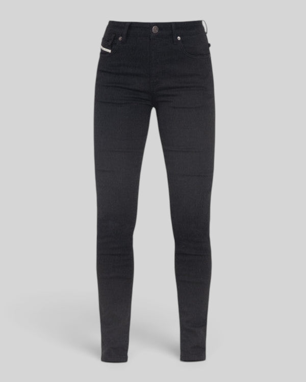 Baffle Haus Ruby black high-waisted slim-fit motorcycle jeans with protective XTM-Fiber stretch denim.