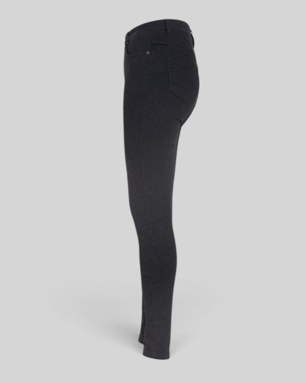 Baffle Haus Ruby black high-waist slim-fit motorcycle jeans in stretch denim with five-pocket design, side view