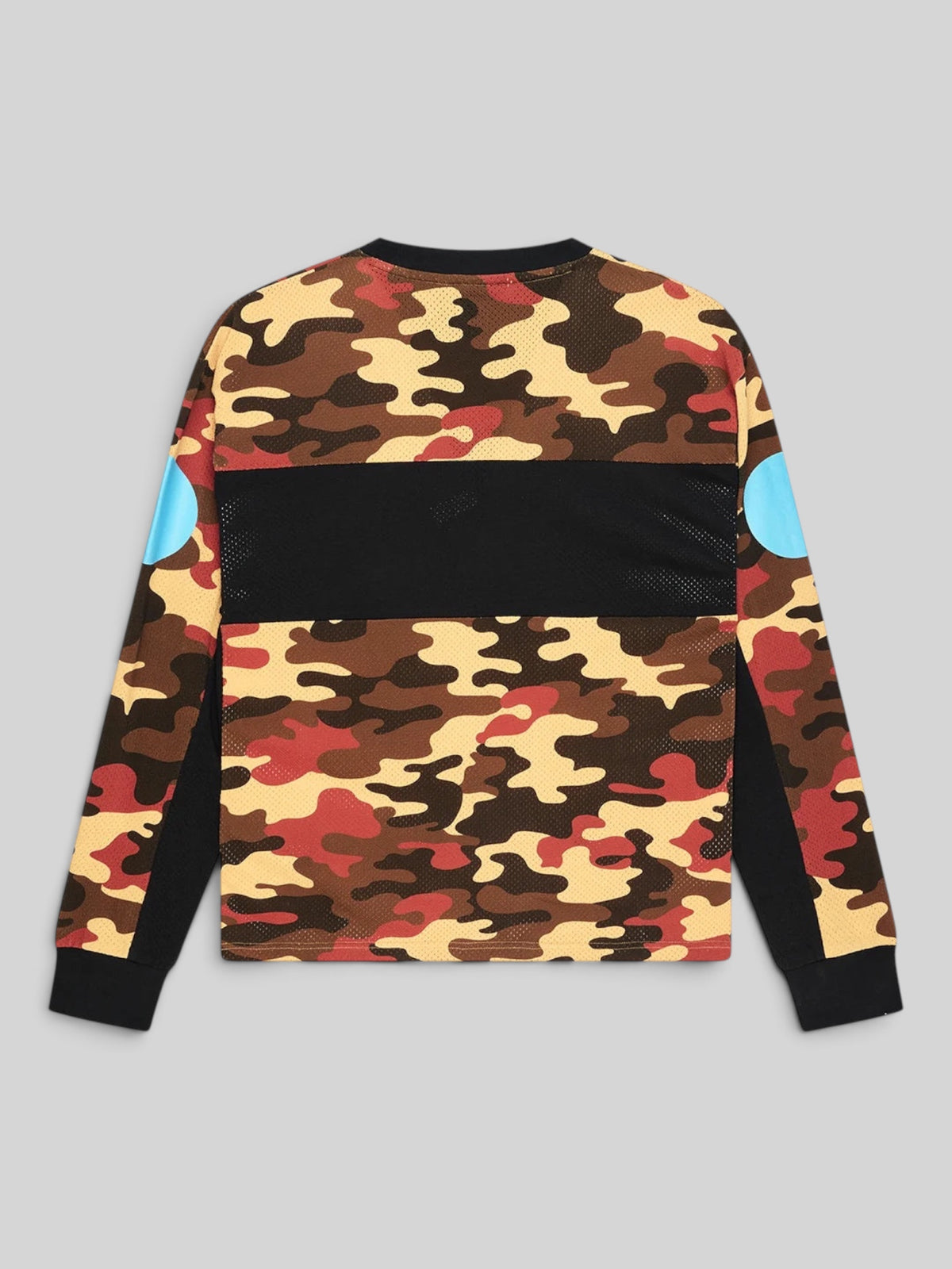 Baffle Haus rust camo ombre moto jersey in recycled polyester mesh with black side panels and blue sleeve accents