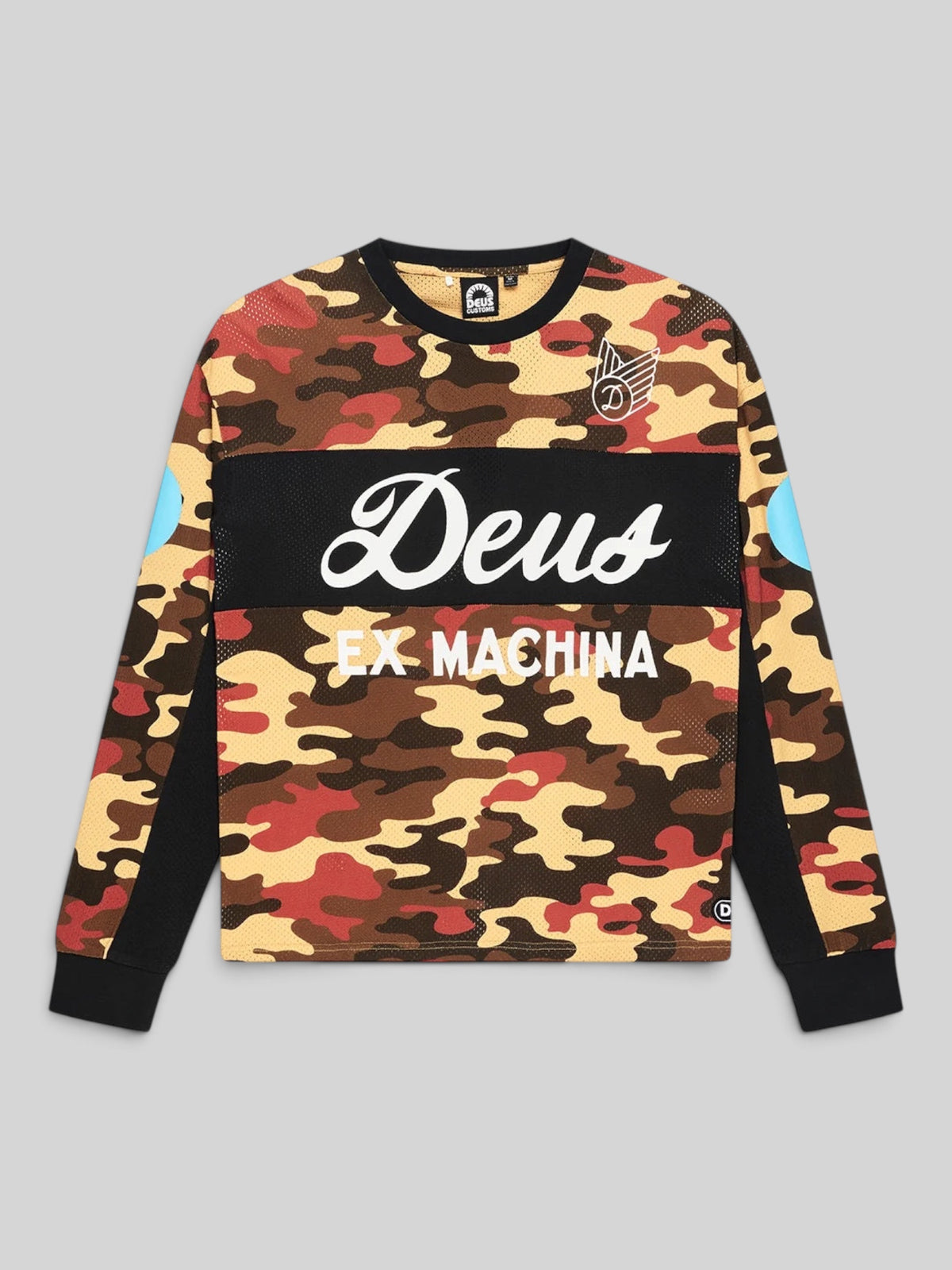 Baffle Haus rust camo ombre moto jersey in recycled polyester mesh with graphic chest prints and loose fit design.
