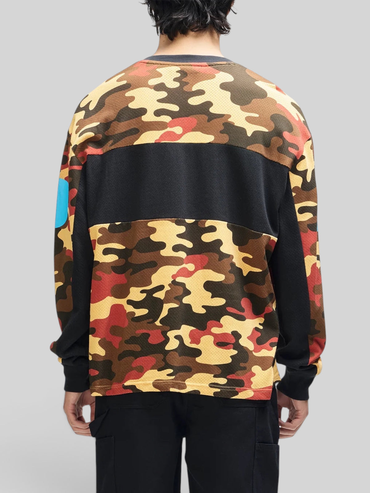 Baffle Haus rust camo ombre moto jersey in recycled polyester mesh with a loose fit and black panel detailing
