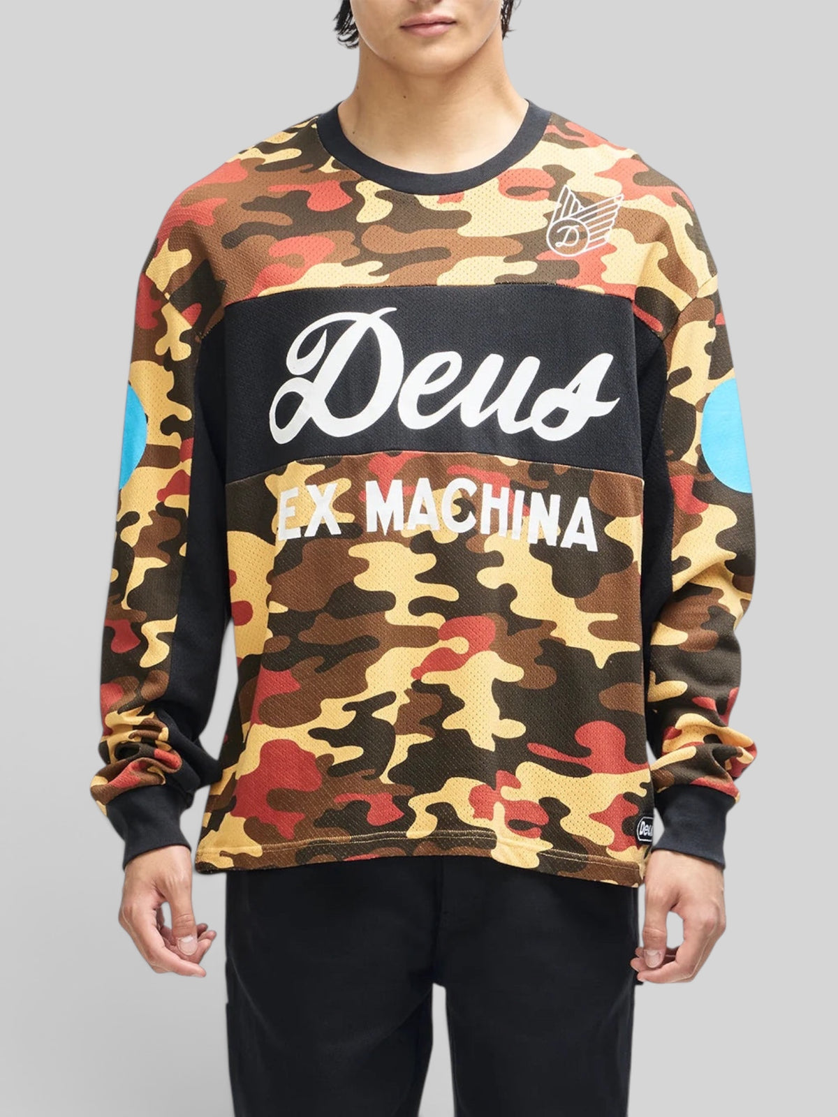 Baffle Haus rust camo ombre moto jersey with graphic chest print and loose fit recycled polyester mesh construction