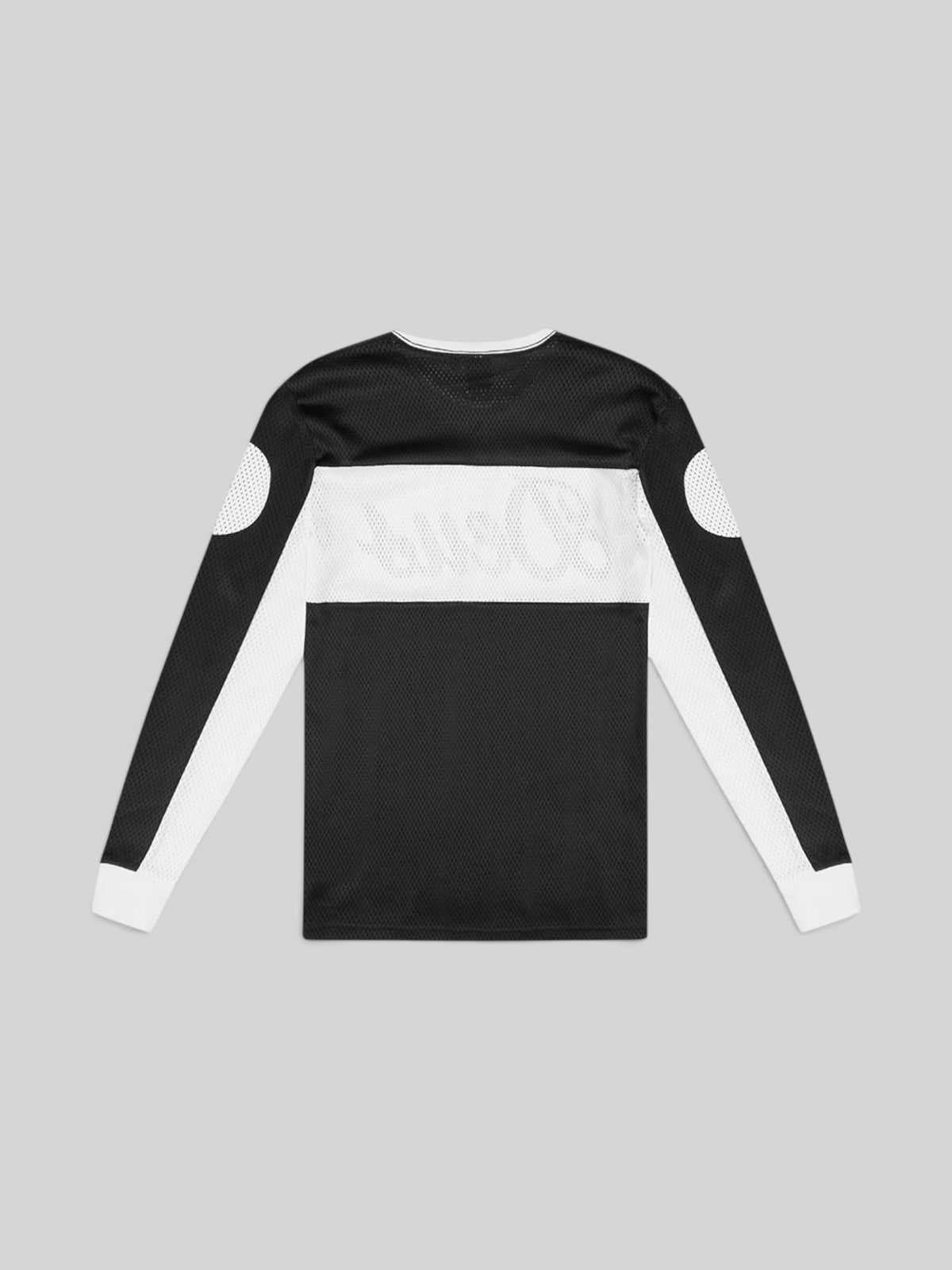 Baffle Haus Saber Moto Jersey in black and white polyester mesh with long sleeves and back logo detail