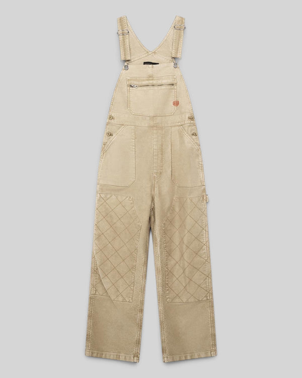 Baffle Haus Mouton overalls in safari beige organic cotton moleskin with quilted double knees and front patch pockets.