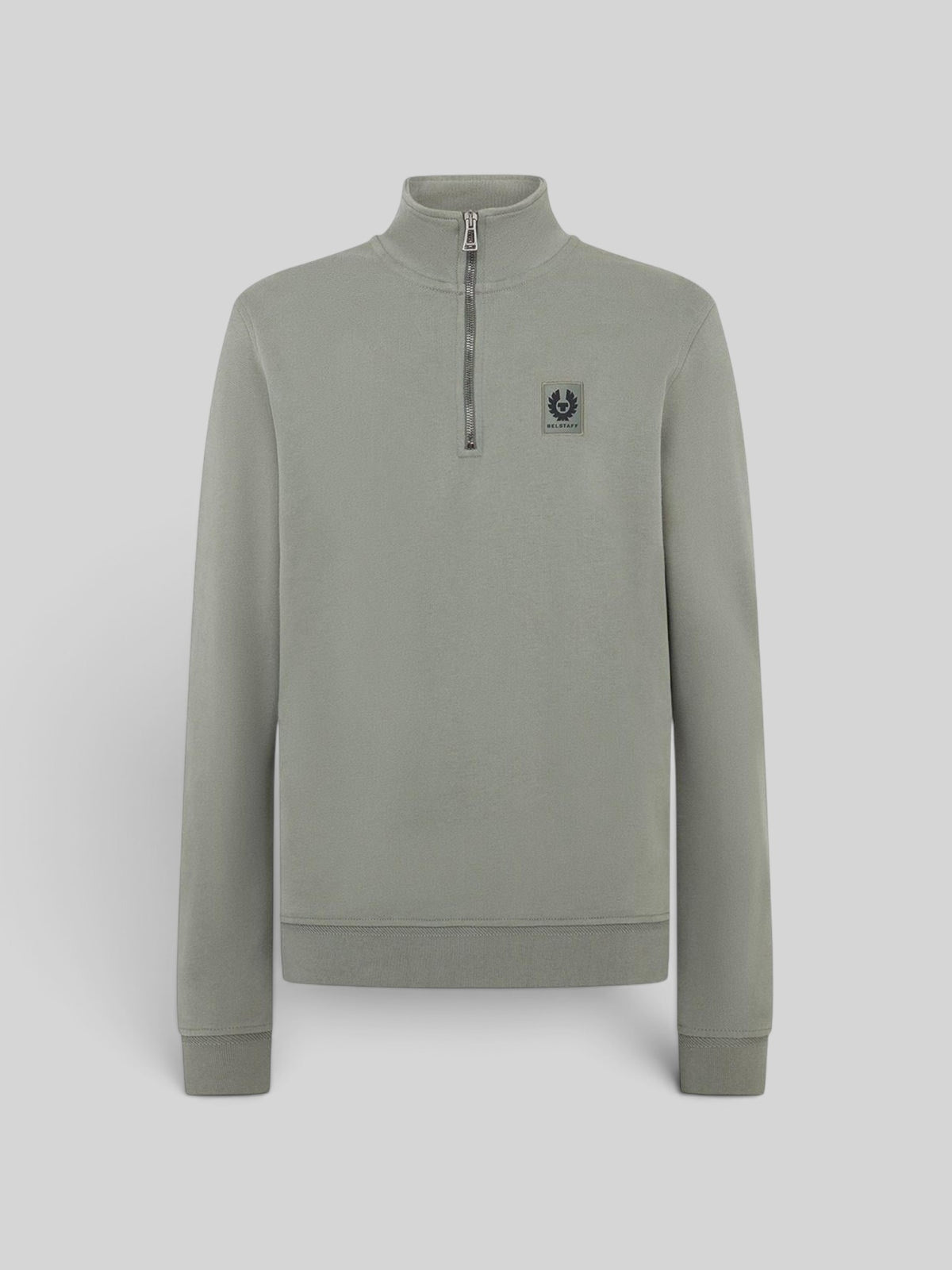 Baffle Haus sage green cotton fleece quarter zip sweatshirt with chest pocket and Belstaff logo patch