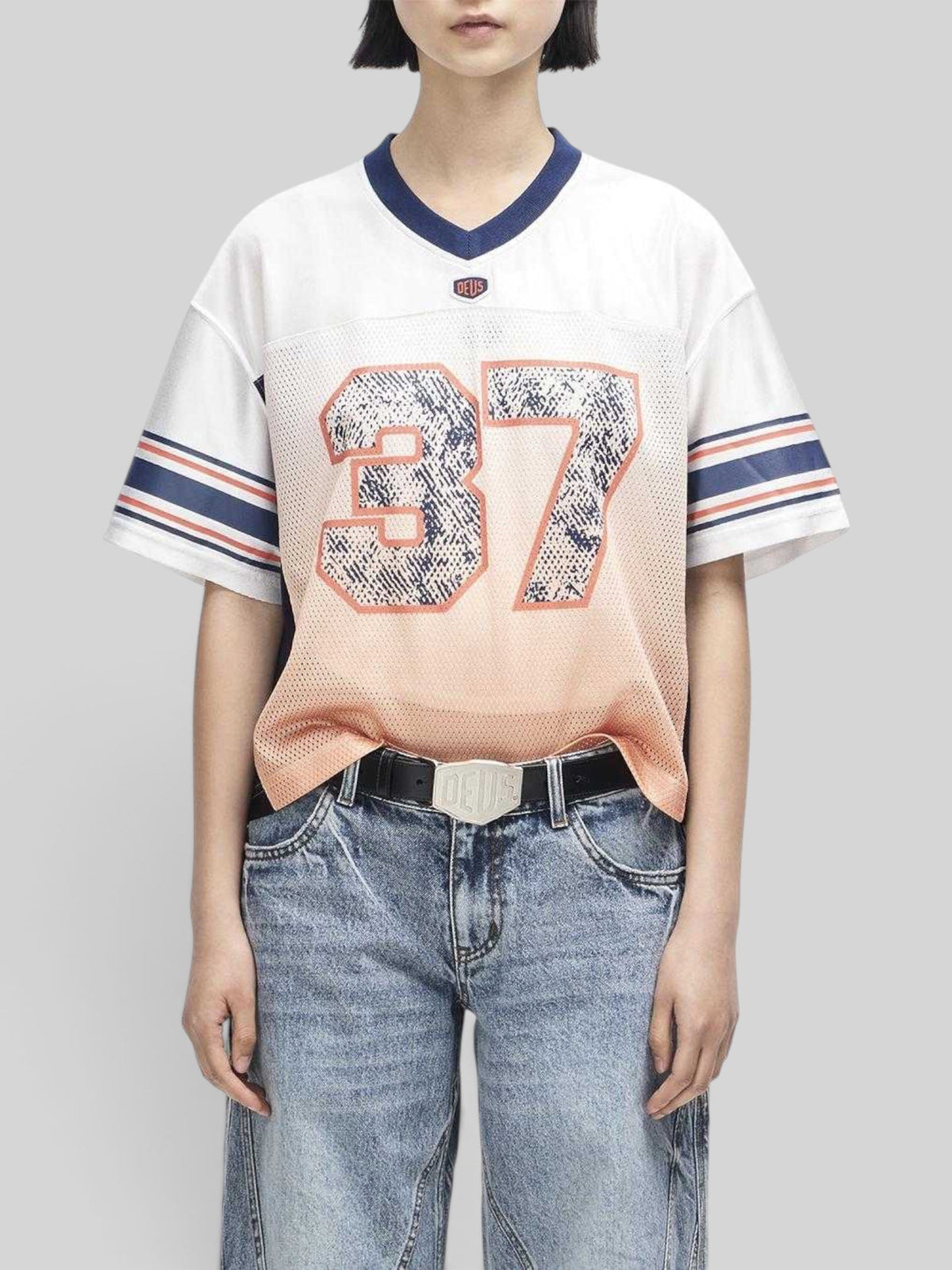 Baffle Haus San Remo cropped mesh training top in white and flame orange with number 37 print and v-neck collar