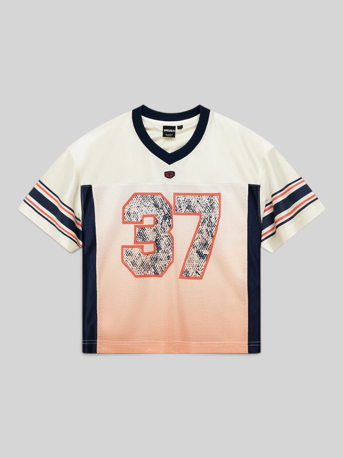 Baffle Haus San Remo #37 cropped v-neck mesh training top in flame blanc with motorsport-inspired graphic print