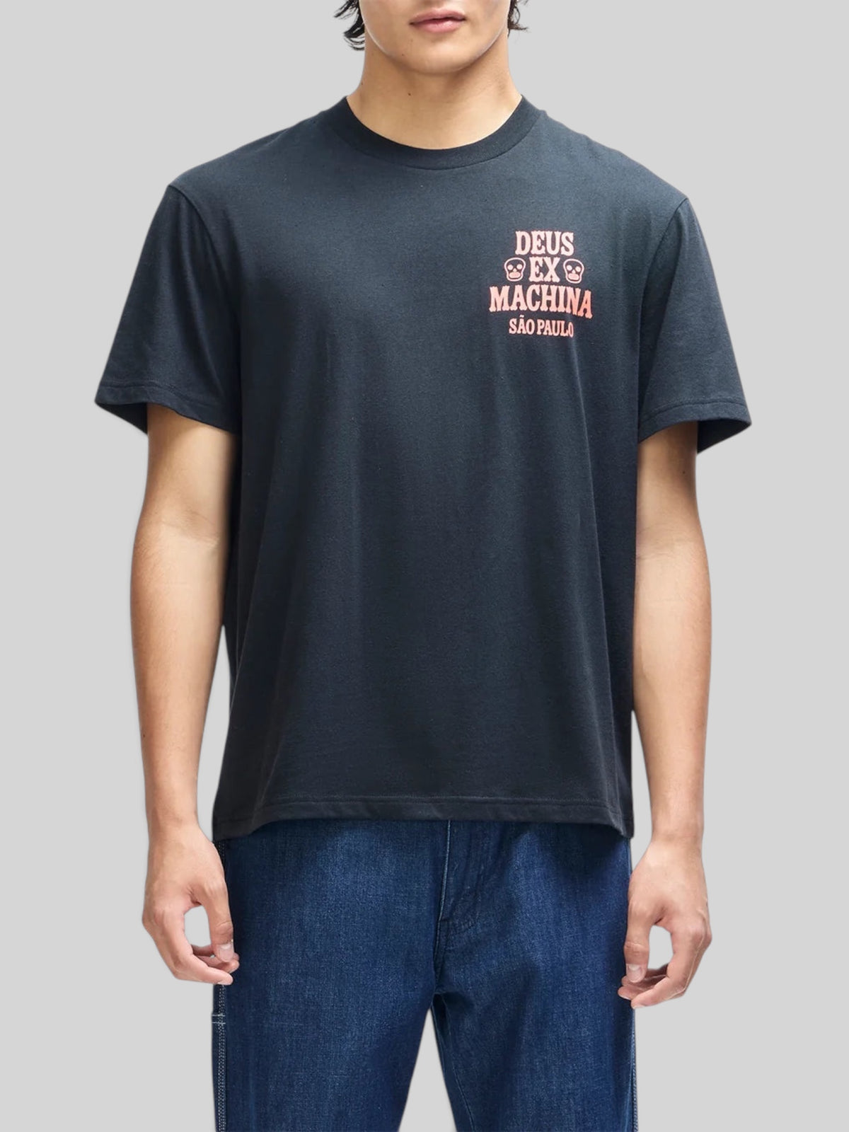 Baffle Haus Sao Paulo Ceramic Tee in black recycled cotton blend with pink chest graphic and boxy fit